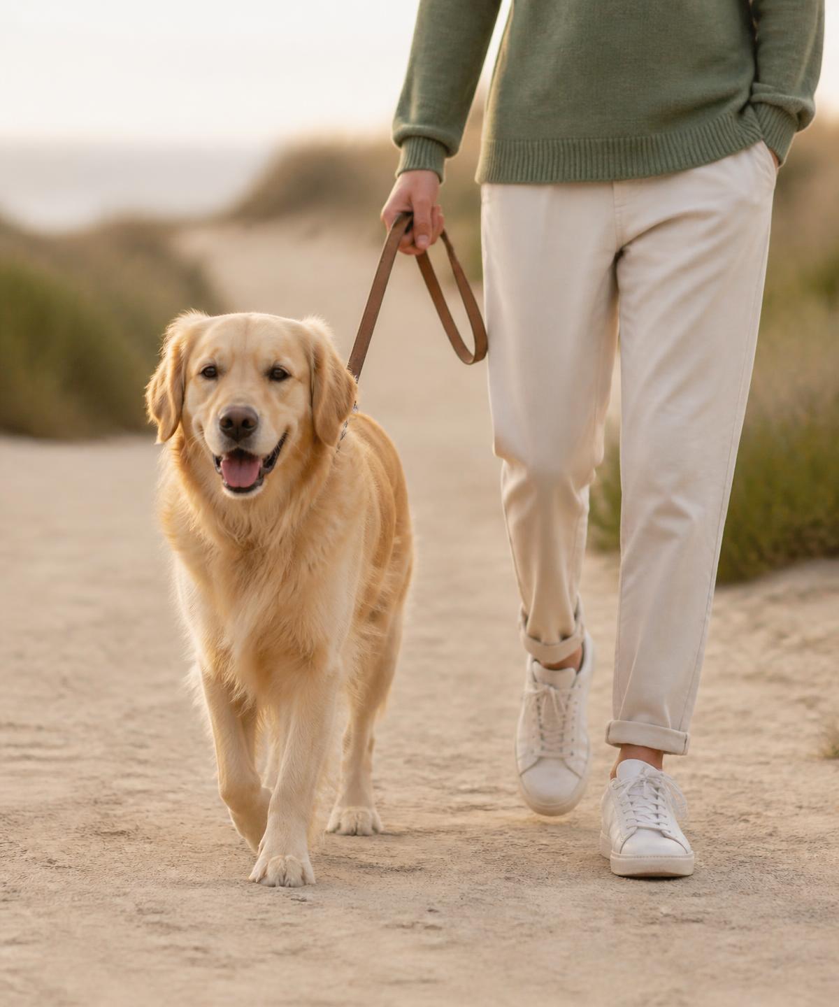 Dog owner walking a golden retriever on a sandy path at sunrise